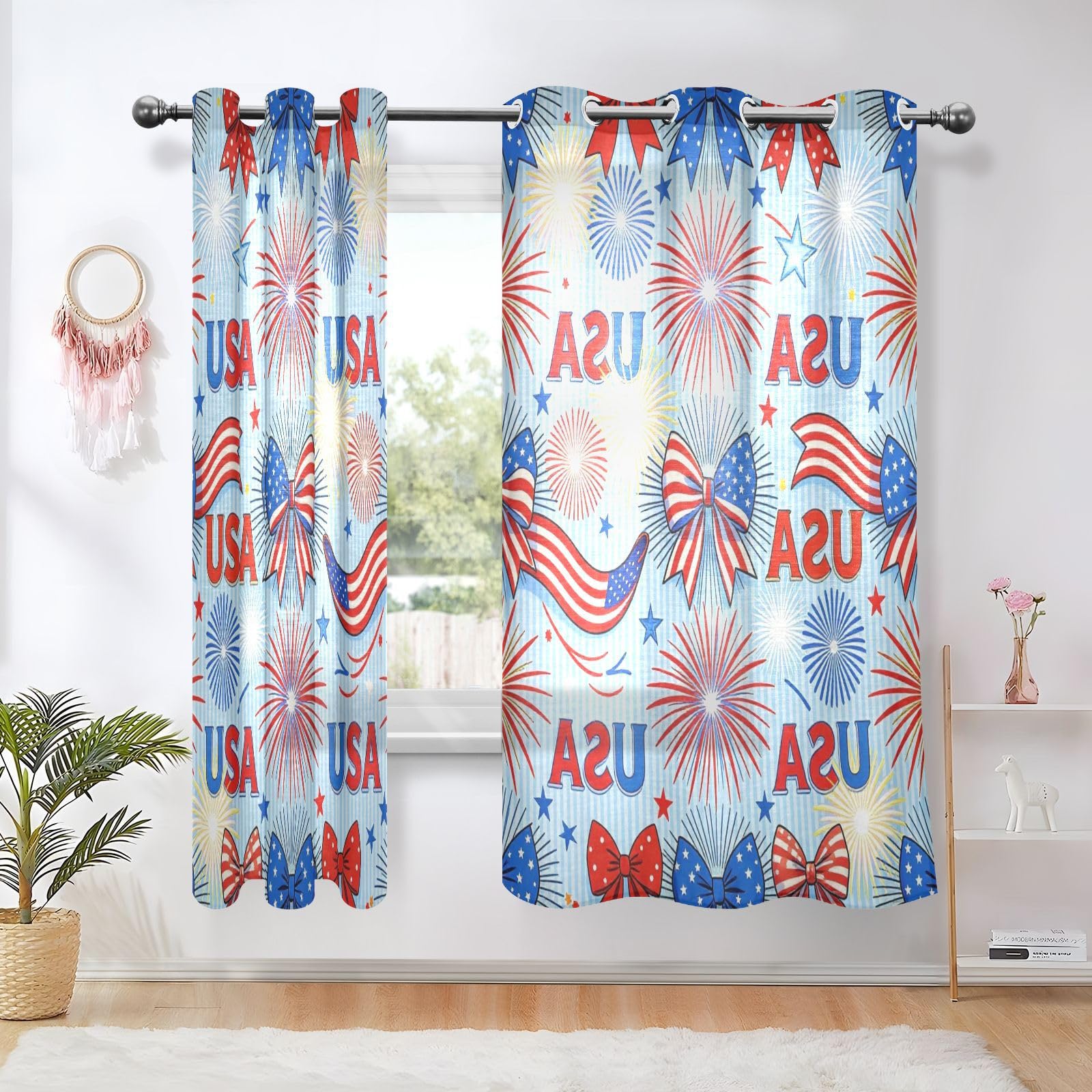 Cortinas opacas decorativas para ventana del 4 de julio, con lazo de fuegos artificiales y cortinas, juego de 2 paneles