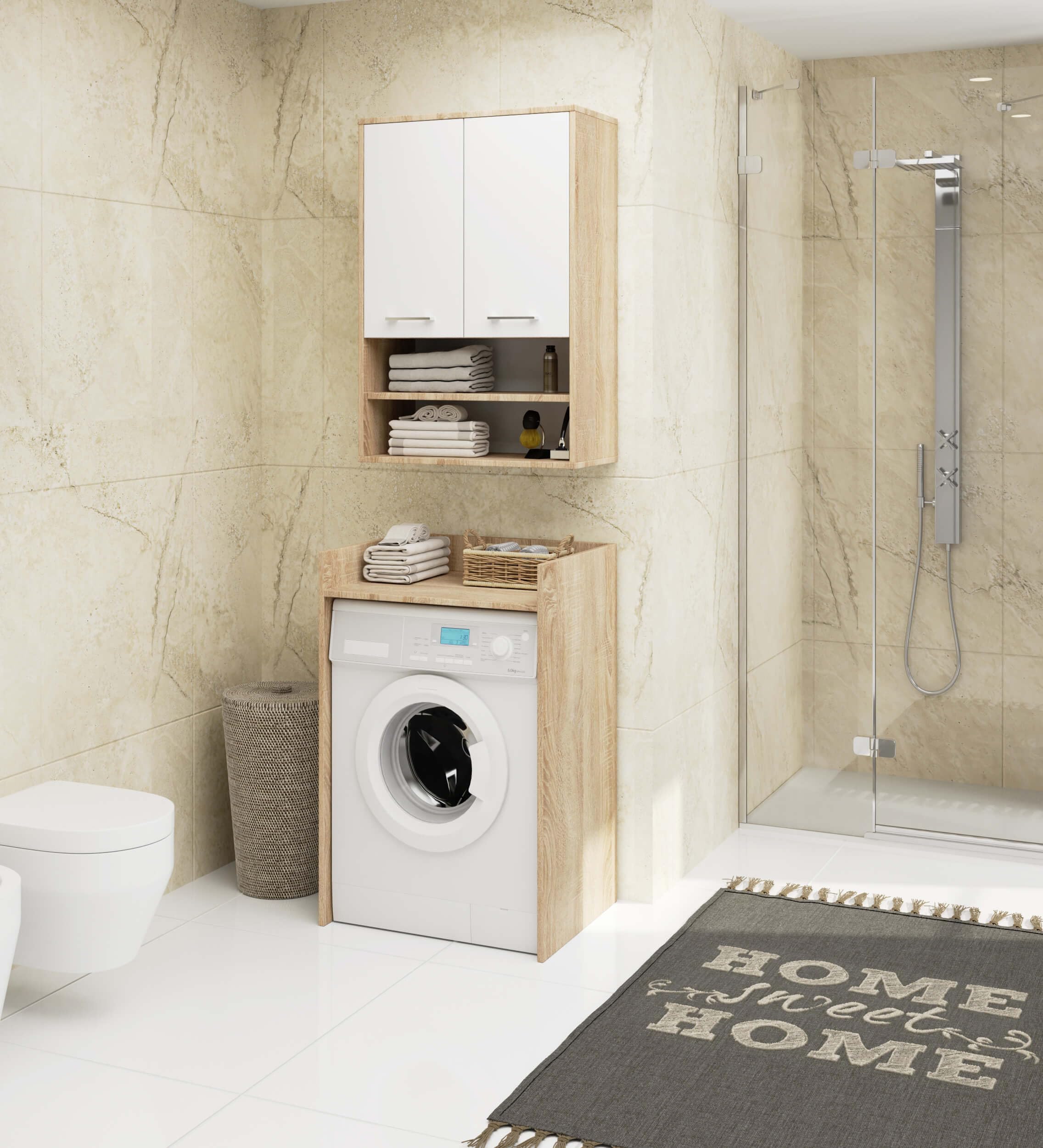 AKORD Mobiletto Bagno Sospeso FIN 64 cm - 2 Ante Basculanti 4 Ripiani - Pensile Salvaspazio da Parete - Laminato Opaco - Mobile Modulare - 64x94x30 cm - per Spazi Ristretti - Rovere Sonoma & Bianco
