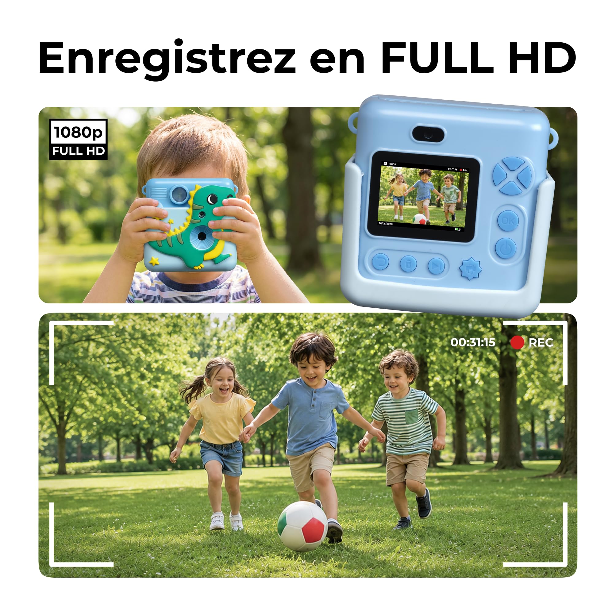 Denver KPC-1363BU Appareil Photo imprimante Enfant, Impression Thermique, écran 2,8 Pouces, Jeux, Cadres et filtres, Bleu