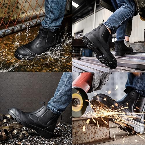 Miniatura 9 de Botas de trabajo con punta de acero para hombre, impermeables, de cuero aceitado de grano completo de 6 pulgadas, antideslizantes, a prueba de