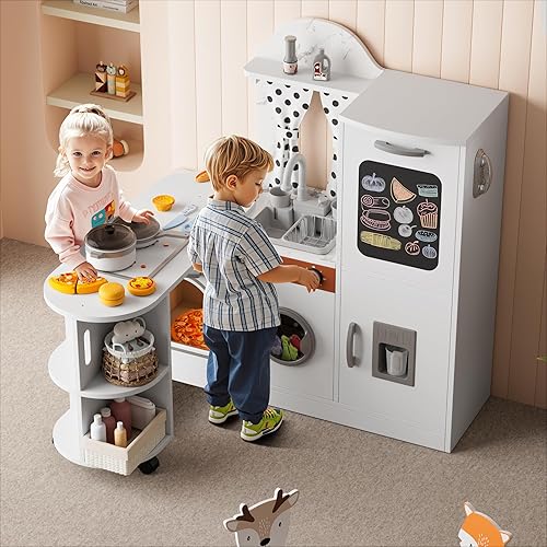 Cocina de madera con rotación de 180 grados, juego interactivo de esquina para niños con luces y sonidos, juego de cocina para niños pequeños con