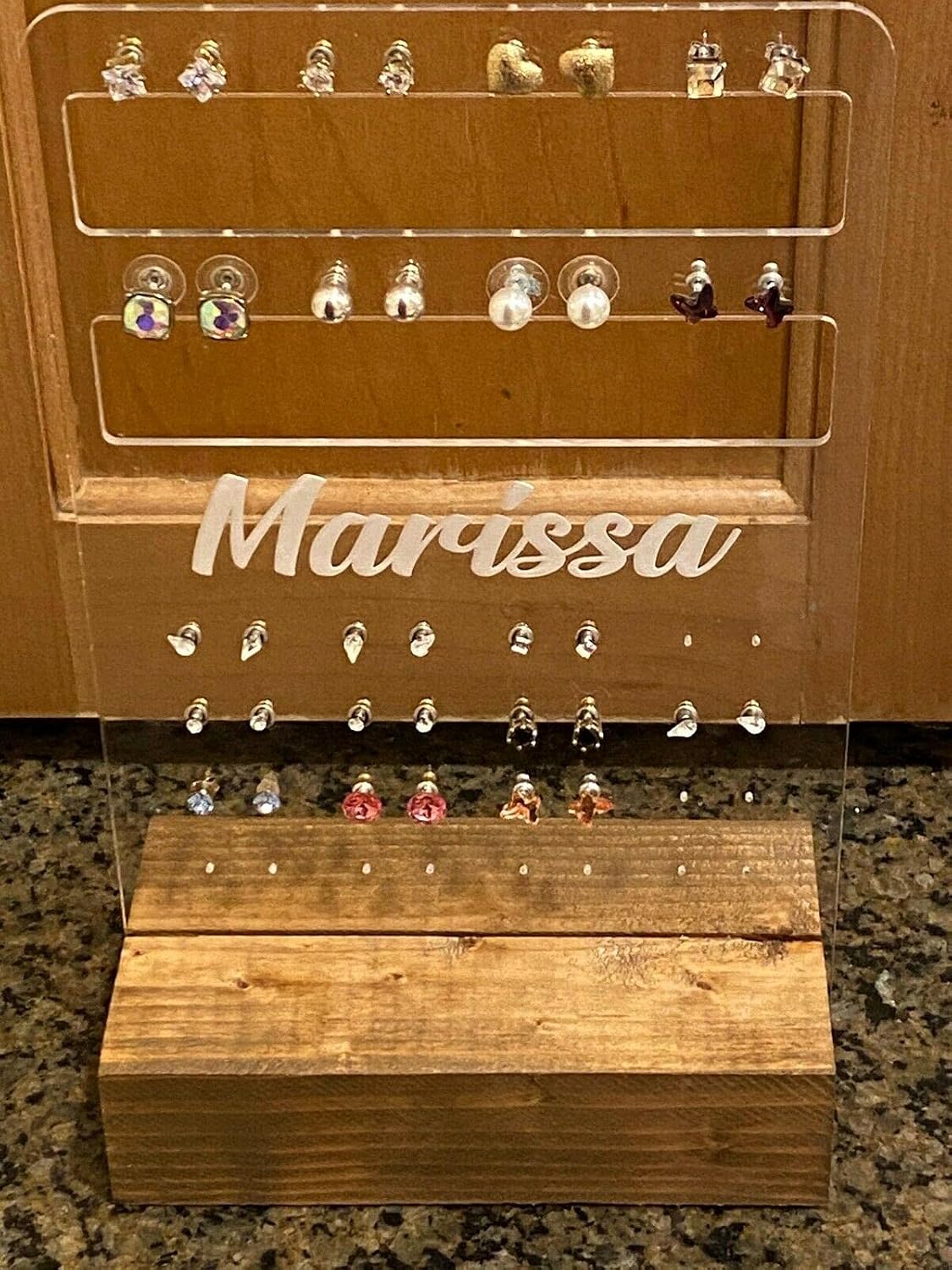 Trendy Girls Jewelry Earring Necklace Organizer Stand Personalized Free Engraved Name Custom Gift With Sturdy Hand Stained Wood Holds Earrings Necklaces Anklets Watches Bracelets - It's Pretty and Practical
