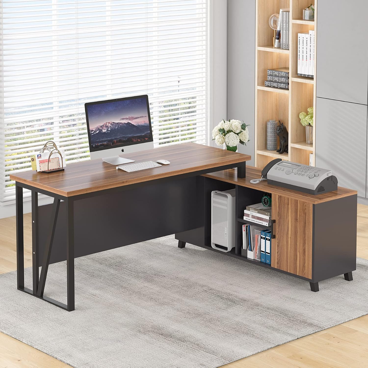 Tribesigns Large L-Shaped Desk, 55 Inches Executive Office Desk Computer Table Workstation with 47 Inches File Cabinet Storage, Brown
