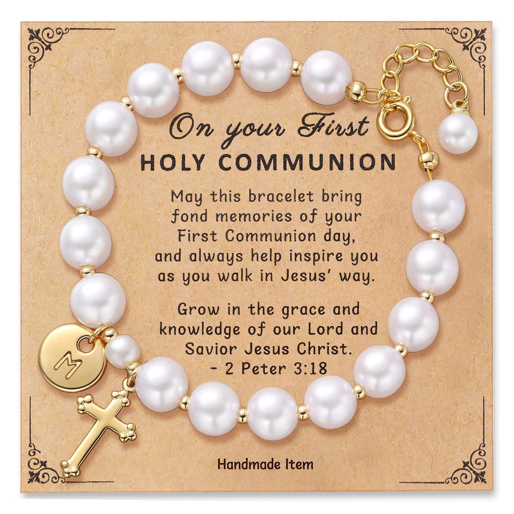 Initial First Holy Communion Confirmation Baptism Bracelets Gifts for Women Girls, Catholic First 1st Communion 14K Gold Pearl Cross Charm Bracelet Personalized A-Z for Goddaughter Niece
