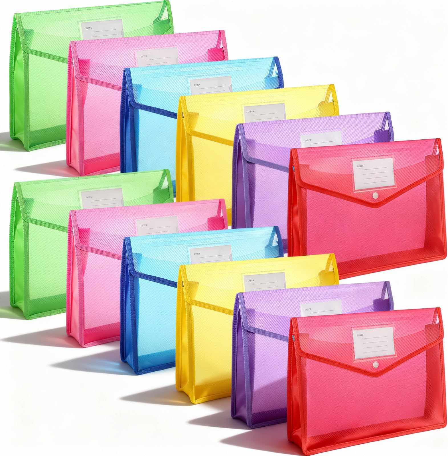 12 Pcs Expanding Folder, Plastic Envelopes with Snap Closure, Transparent Envelopes with Snap Closure, Colorful Accordion File Organizer, Large Capacity A4 Size, 6 Colors, for Office School Home