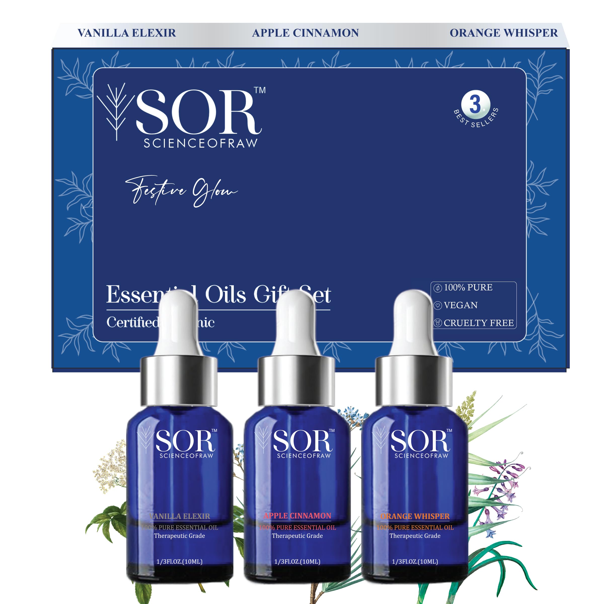 Sor Organic & Undiluted Essential Oils Set for Home Fragrance Diffuser | 100% Pure Therapeutic Grade Essential Oils Diffuser (Top 3 Aromatherapy Oils Gift Set) Vanilla Elexir, Apple Cinnamon, Orange Whisper - Festive Glow