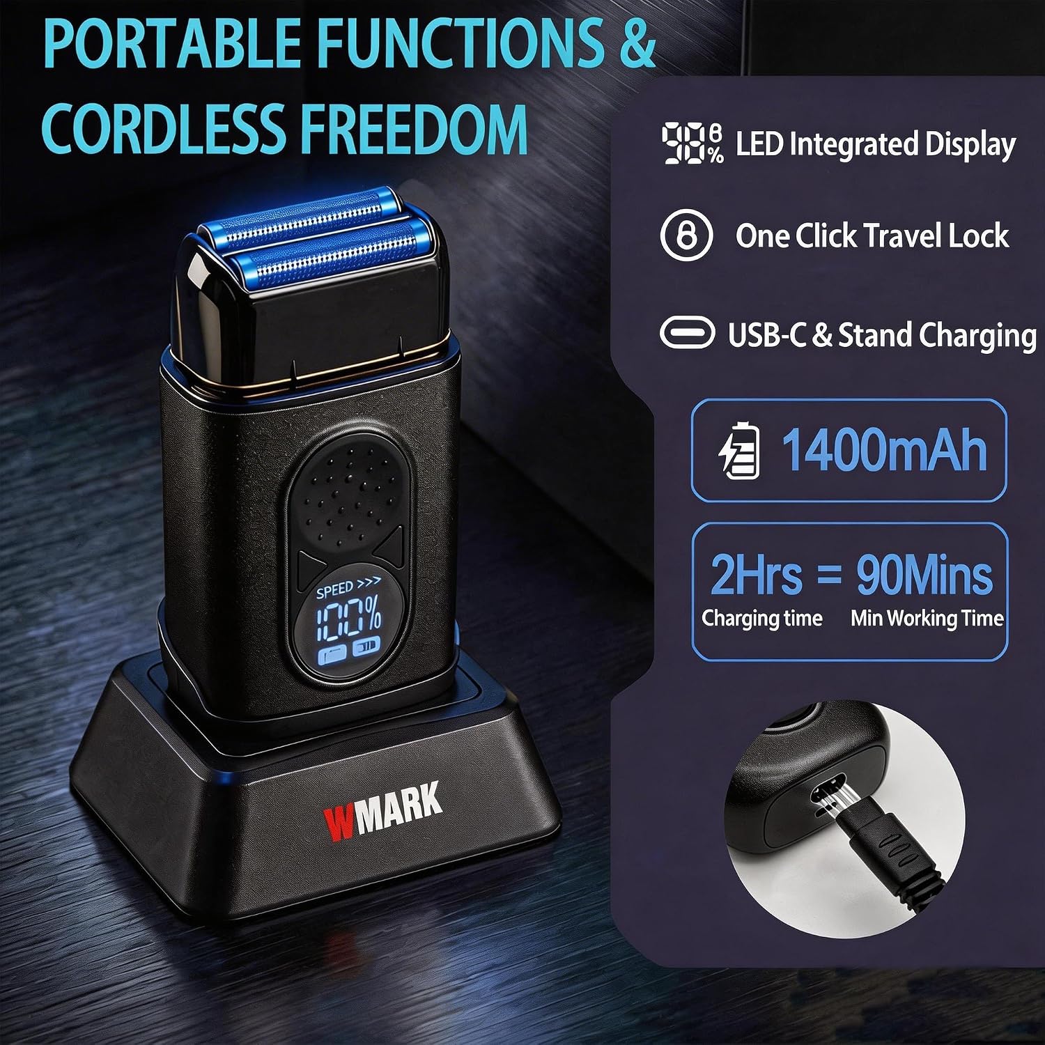 WMARK Electric Foil Shavers for Men Electric Razor for Men Cordless Beard Shaver with UV Protection, High Speed DC Motor 3 Speed, Stainless Steel Titanium 2-Blade Floating, USB Rechargeable NG-8906