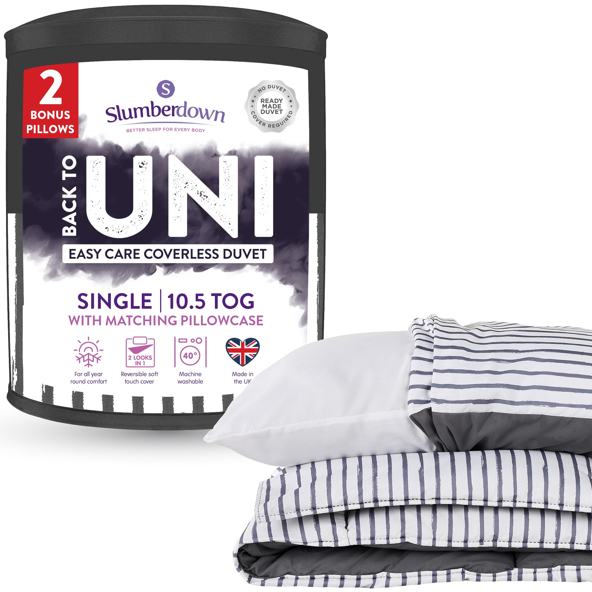Slumberdown  Grey Back To Uni Printed Stripe Duvet + 2 Pillows in Size Single, Sports Direct