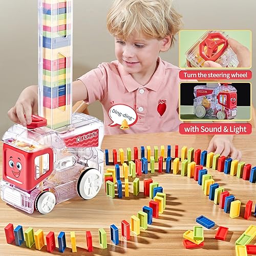 Miniatura 2 de Tren de dominó automático actualizado 2024 con 180 Dominos Montessori STEM juguetes regalos para niños y niñas (rojo)