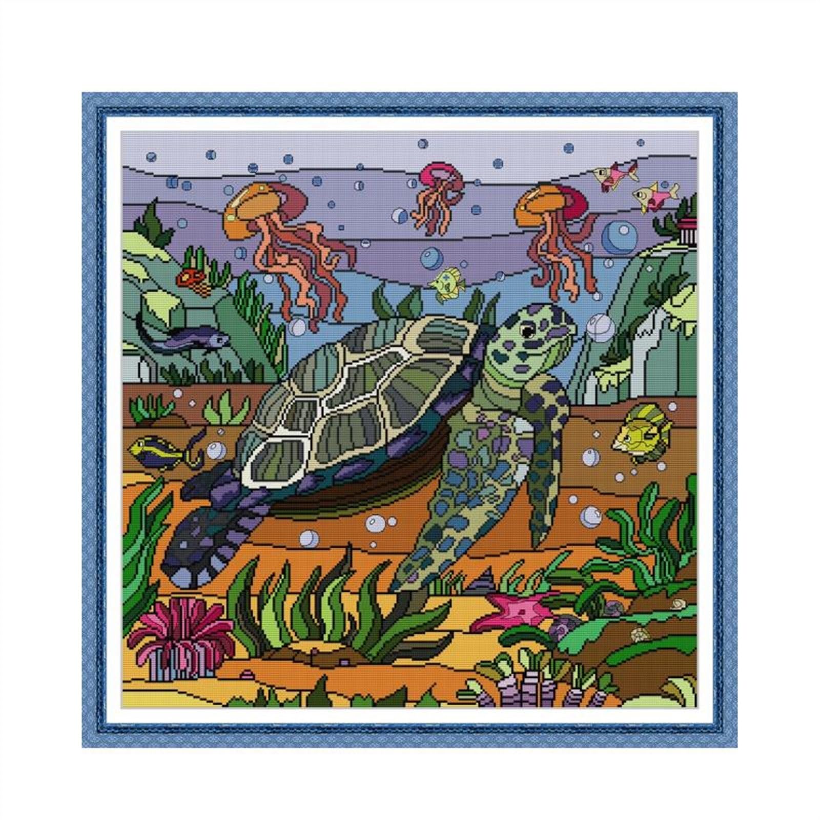 Kit broderie point de croix tortue de mer toile 11ct haute précision