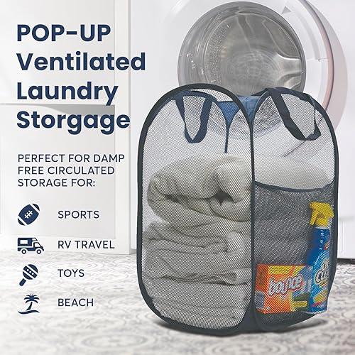 Miniatura 4 de Cesta de malla de alta resistencia para ropa sucia, artículos esenciales para el hogar y la universidad, color azul marino (14 x 14 x 24 pulgadas)