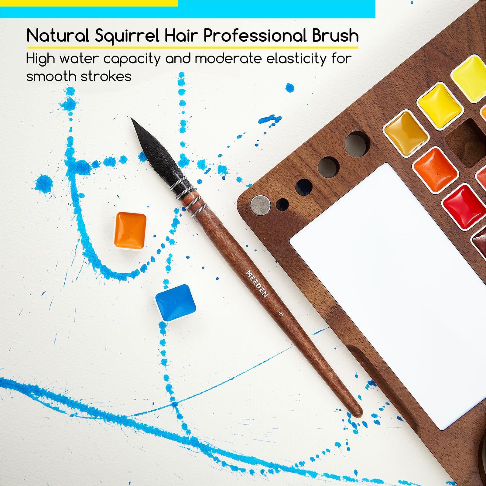 MEEDEN Aquarellfarben Set –Luxuriöse 27-Farben mit Walnussholz-Etui, Natürlichen Eichhörnchenhaarpinseln & Künstlerfarben, Tragbares Wasserfarben Set Wasserfarbkasten für Reisen, Anfänger & Künstler