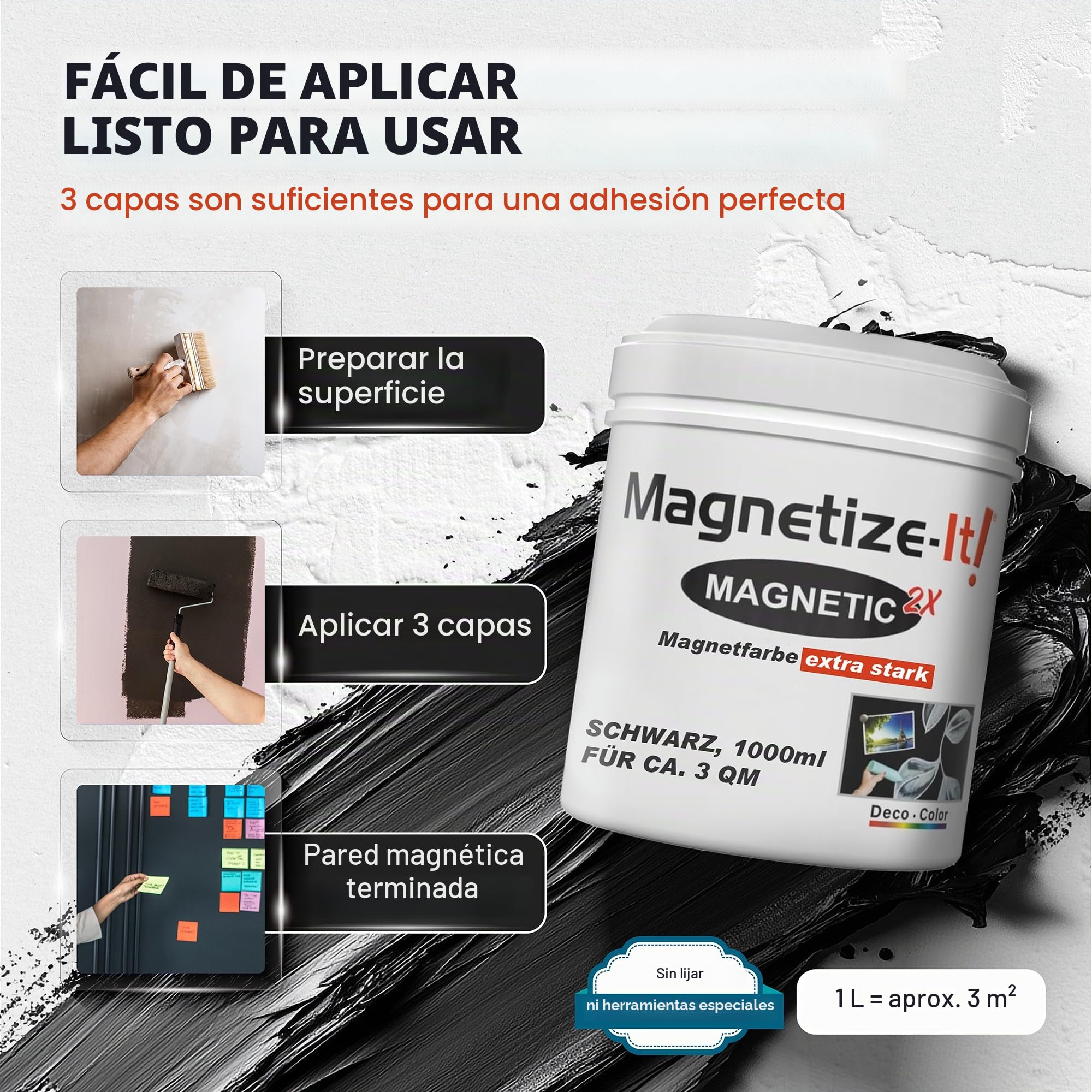 Pintura magnética extra fuerte y se puede pintar para tiza e imán (negro, 1000 ml) – Pizarra magnética para pared aprox. 3 m² – Pintura magnética adecuada para pared – Pintura de pared