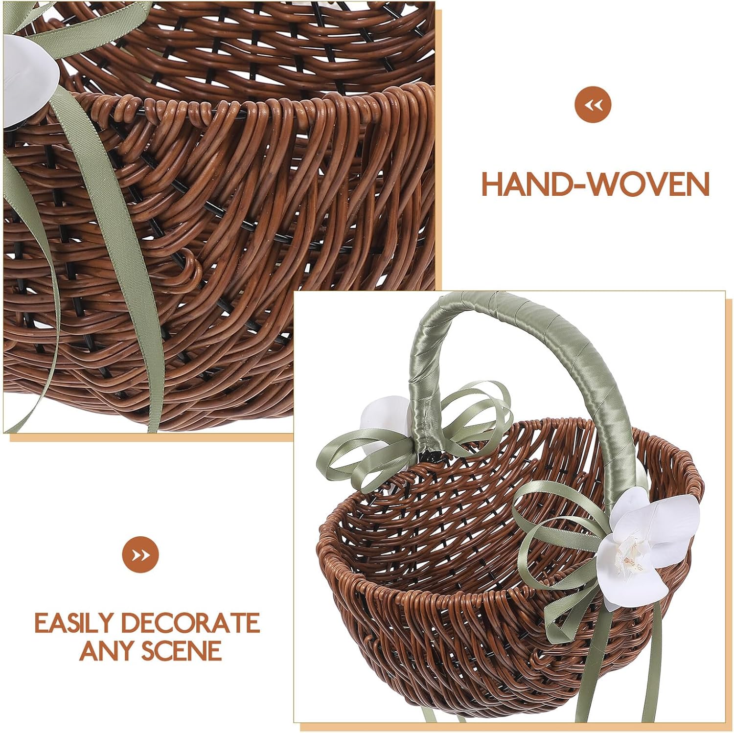 Wedding Flower Girl Basket Handwoven Wood-plastic Material with Light Green Handle, Portable Bridal Flower Container for Wedding Ceremony Decoration and Party Supplies