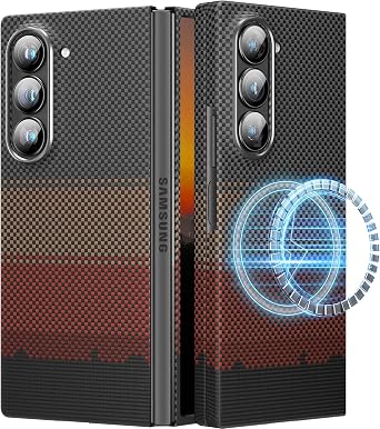 memumi Magnetic Carbon Fiber Case for Samsung Galaxy Z Fold 6 7.6inch 2024, Compatible with Mag-Safe, Aramid Fiber Case Afterglow Series, Rays of The Setting Sun