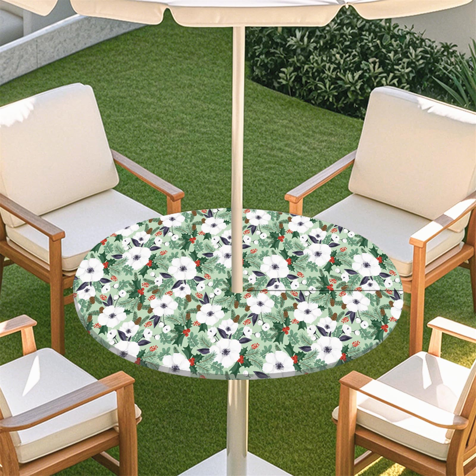 Odot Elastic Edge Round Fitted Tablecloth Protector Waterproof Outdoor Round Tablecloth with Parasol Hole and Zipper, Wipe Clean Table Cover for Garden Party, Butterfly Pattern (Plant,M:91-112cm)