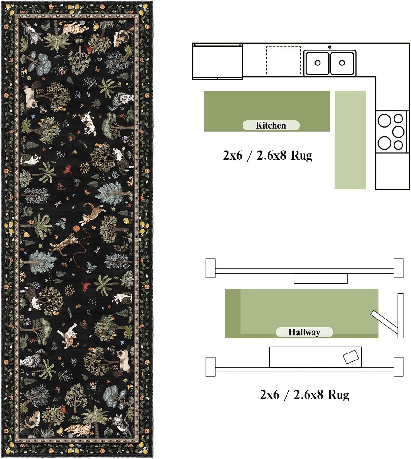 Cat Runner Rug for Kitchen 2'x6' Washable Rug Runner for Hallway Non-Slip Soft Cat Print Area Rug with Rubber Backing Kitchen Carpet for Laundry Bedroom Bathroom