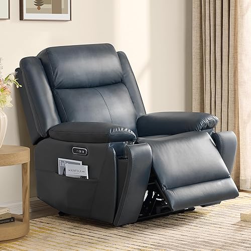 CHITA Power Genuine Leather Recliner Chair for Adults, Dual Motor Zero Wall Hugger Recliner with Adjustable Headrest for Modern Living Room, USB & Type-C Charging Ports, Navy
