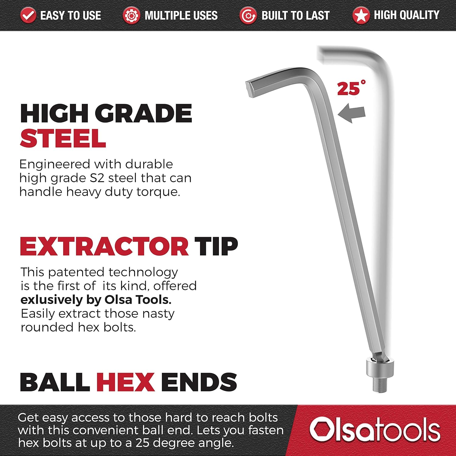 Olsa Tools Professional Grade Extractor Hex Key Set (SAE) | Allen Wrench Set | Imperial Inches Metric Steel Ball End 9 Piece Kit with Patented Extractor Design | Folding Storage Case