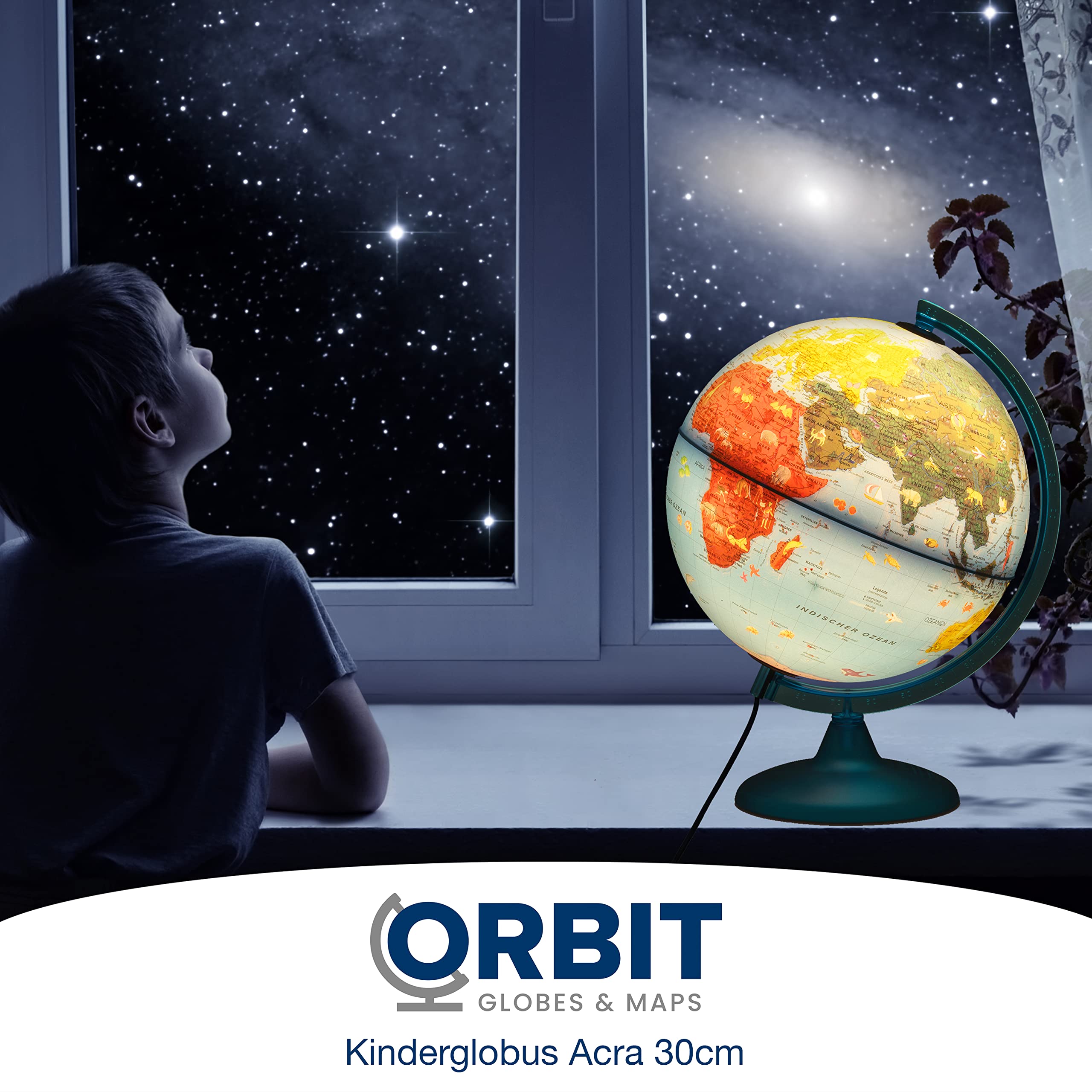 ORBIT GLOBES & MAPS Kinderleuchtglobus 30cm mit Tieren, Kunststoff Fuß, deutsch mit stabilem Hartplastikfuß, deutsches Kartenbild mit vielen Abbildungen für Kinder mit LED Leuchte