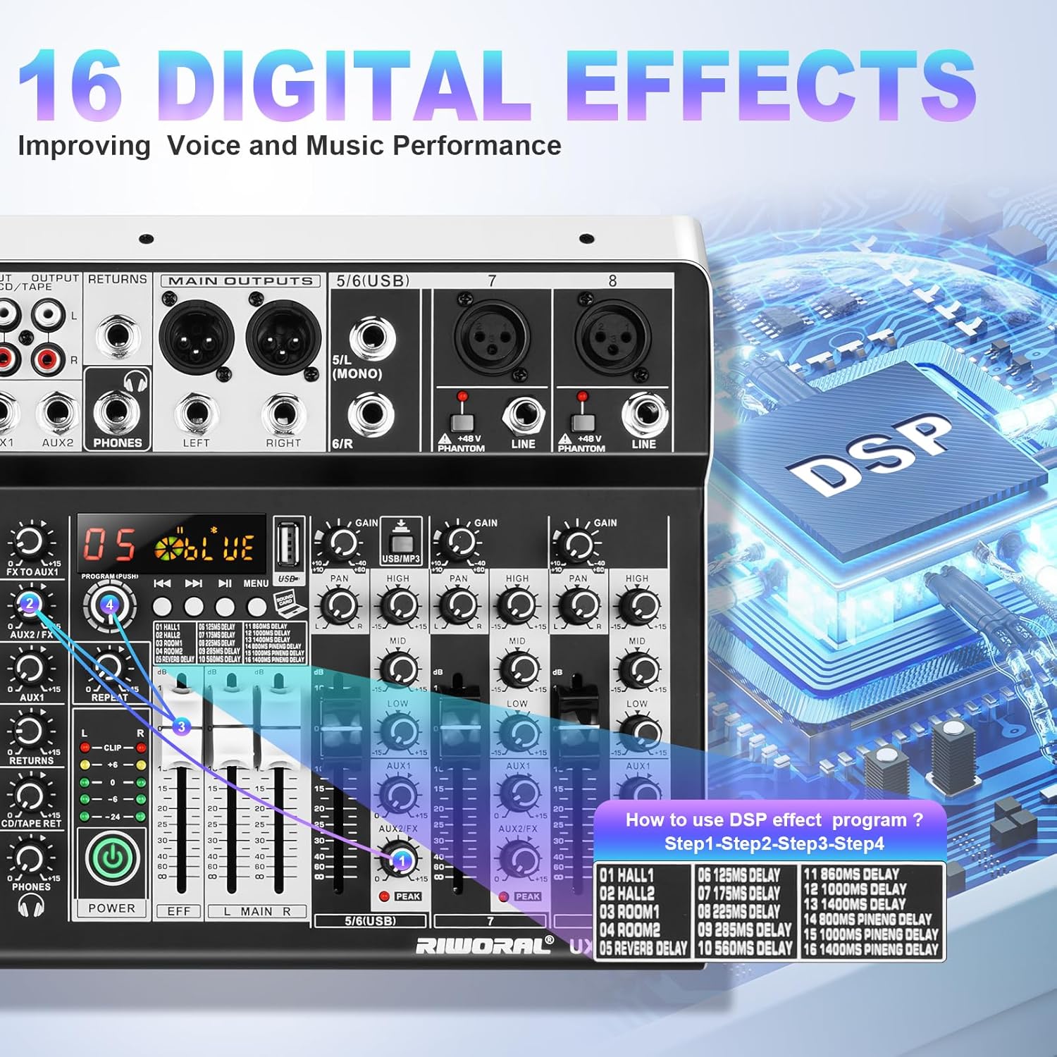8 Channel Audio Mixer DJ Mixer Sound Board Console 16 Dsp USB Audio Interface MP3 Input +48V Phantom Bluetooth Studio Mixer Audio For Karaoke Streaming Recording