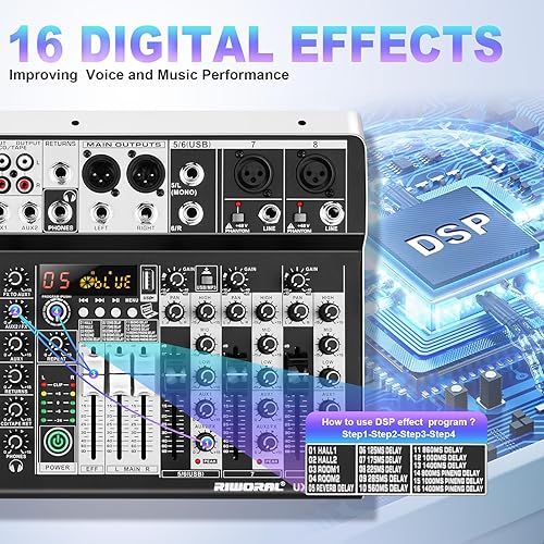 Vista 11 de Mezclador de audio de 4 canales con efectos, mezclador de 88 Dsp, interfaz USB, reproductor de música Bluetooth + línea de 48 V mezclador de audio