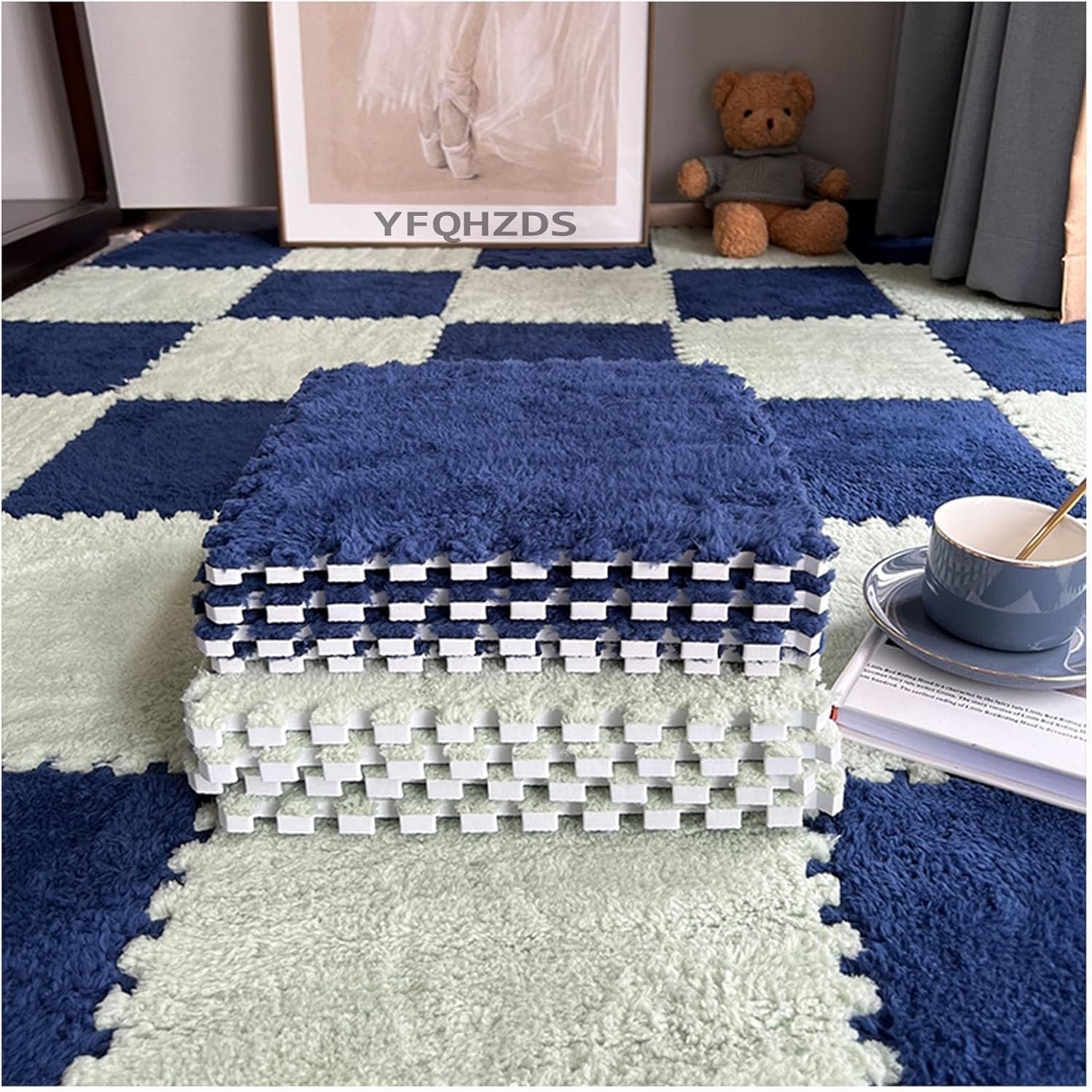 TIST Plush Foam Floor Mat 30pcs 30&60cm Square Puzzle Rugs Interlocking Foam Tiles(Green+Navy Blue,30x30x0.6cm)