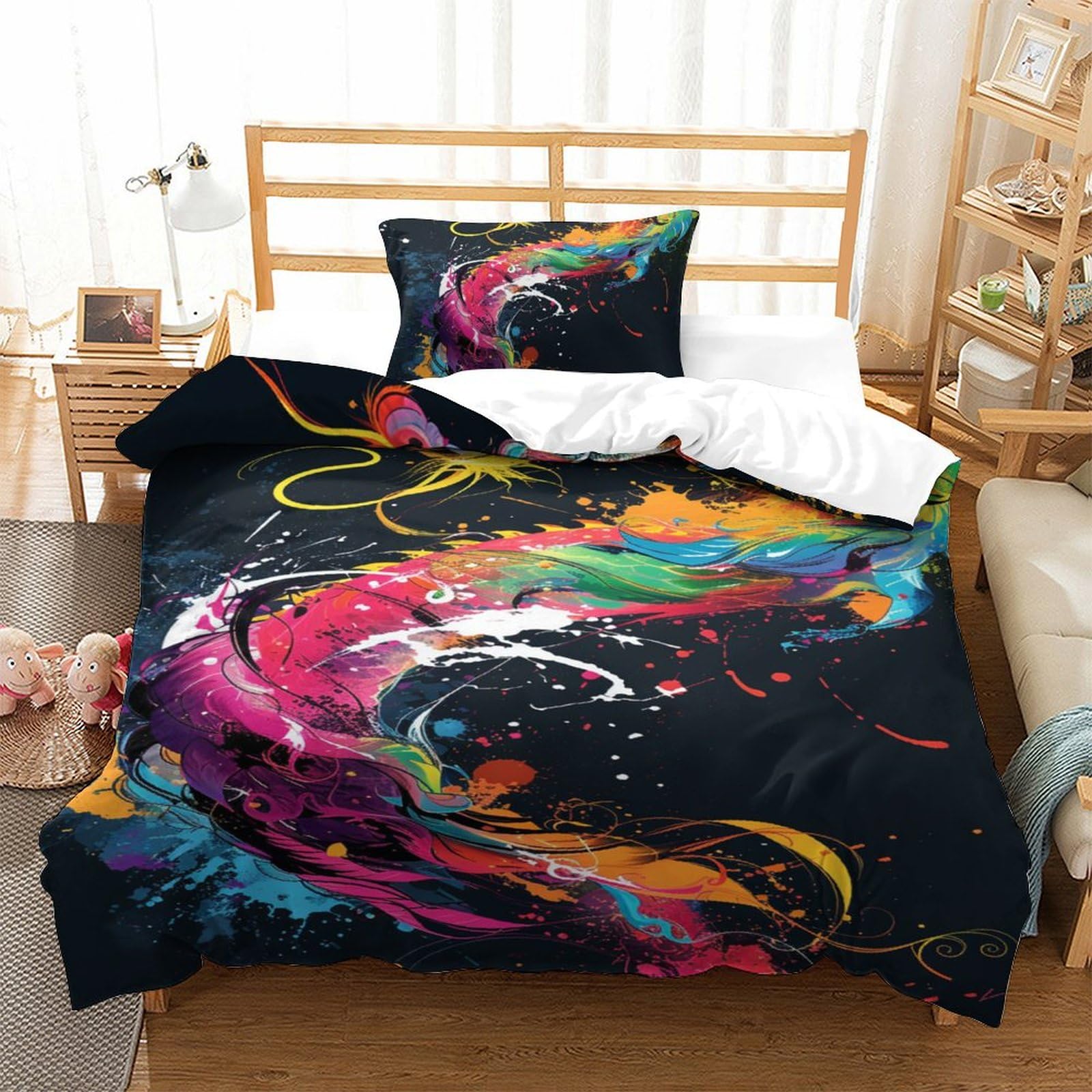 Housse de couette dragon 3D imprimé, parure de lit respirante 135x200 avec sa taie d'oreiller