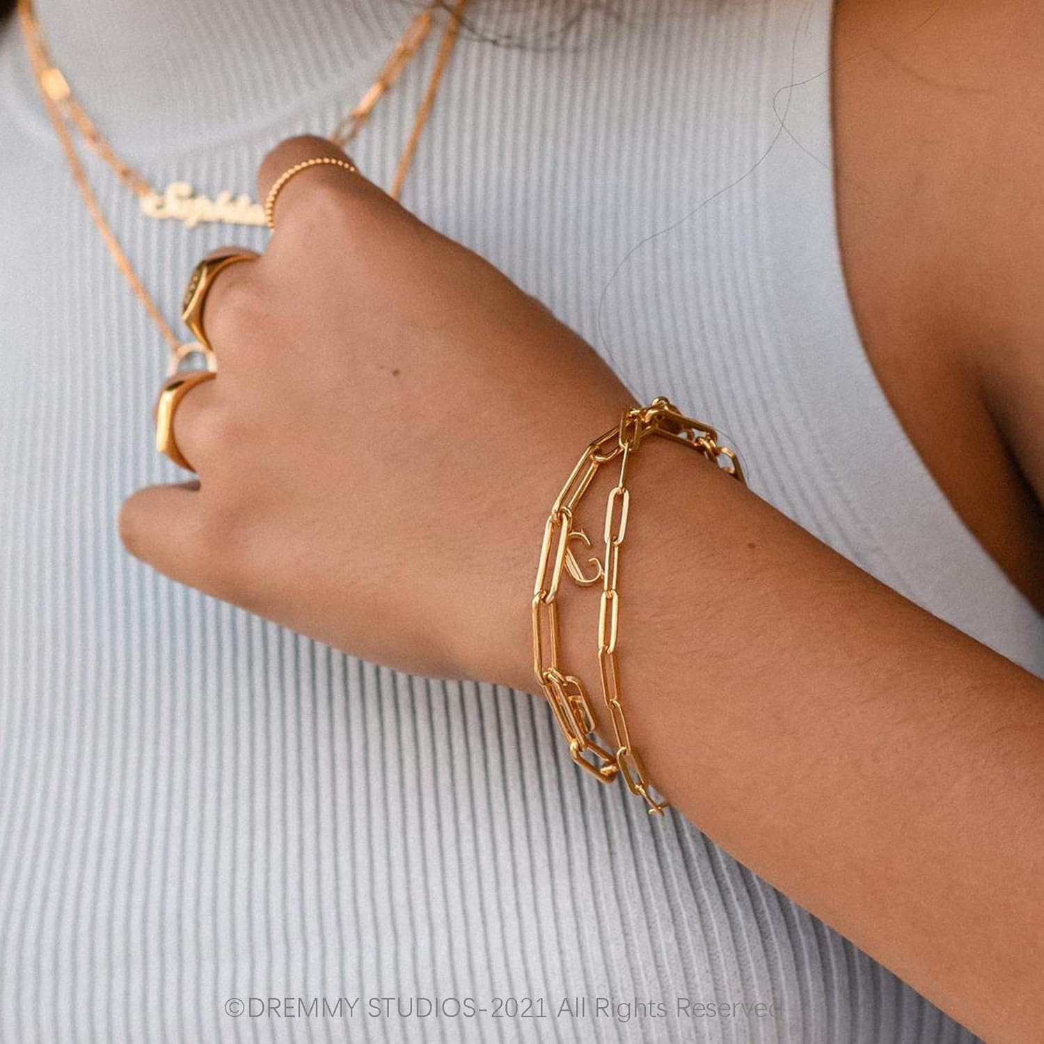 Dremmy Studios Gold Bracelet for Women 18K Gold Plated Dainty Paperclip Cubic Zirconia Disc Coin Star Cable Satellite Bead Pearl Simple Boho Minimalist Stacking Layered Link Jewelry Gift - Image 4