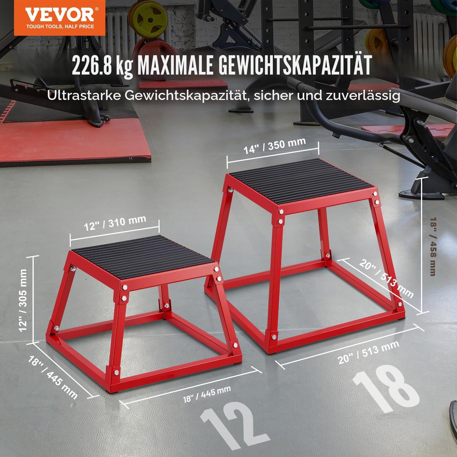 VEVOR Plyometrische Sprungbox, 458 mm Plyo-Box, Plyometrische Plattform Plyobox Rot, Rutschfeste Fitness-Übungs-Step-Up-Box für Heimtraining, Konditions-Krafttraining, Gesäß, Oberschenkel Trainieren