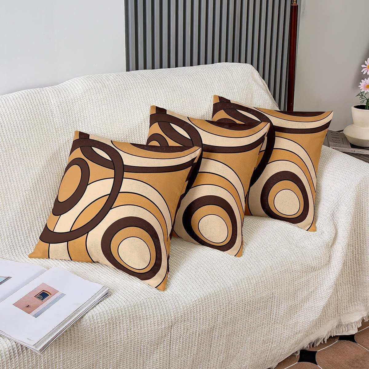 Erosebridal Pack of 4 Circle Pillow Covers Stripes Line Art Cushion Covers,Brown Yellow Modern Retro Grommet Throw Pillow Covers Boho Ombre Art Abstract Spiral Swirl Farmhouse Cushion Cases 20x20