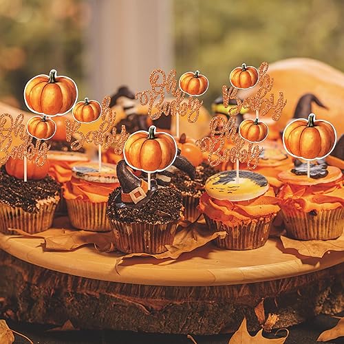 Miniatura 5 de Paquete de 30 adornos para cupcakes de calabaza Oh Baby con purpurina para cosecha de otoño, para Acción de Gracias, baby shower, decoración de