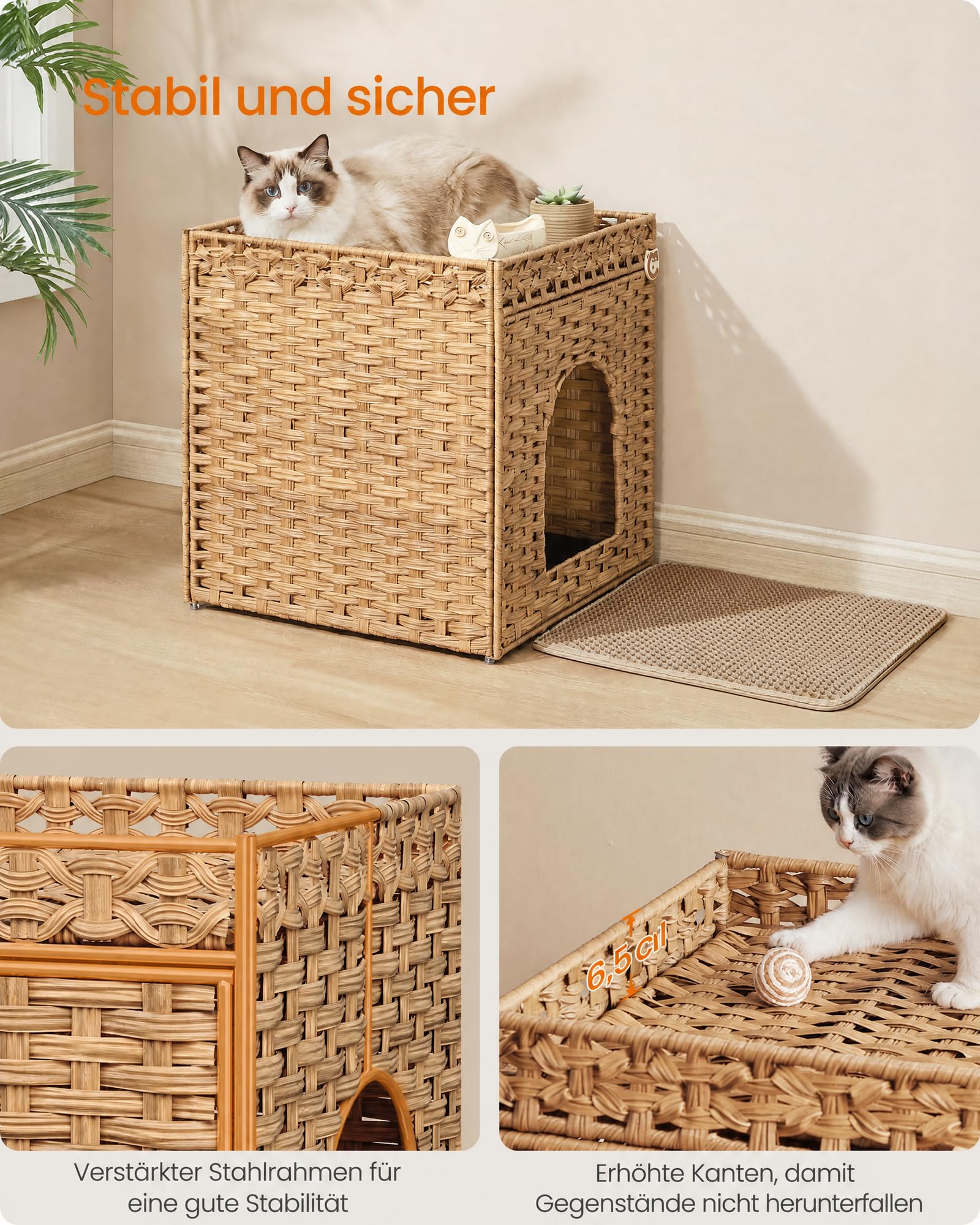 Feandrea Katzenschrank, Handgeflochtenes Katzenhaus, 52,5 x 52,5 x 56 cm | Beistelltisch mit Herausnehmbarem Tablett, in Rattan-Optik, Boho-Stil, Warmgelb, ELIOTT Kollektion PCL024YE01
