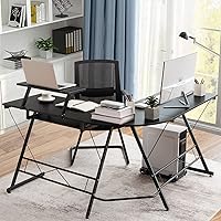 Vista 5 de Tangkula Escritorio para computadora en forma de L, estación de trabajo de esquina para oficina en casa con soporte de anfitrión móvil, estante