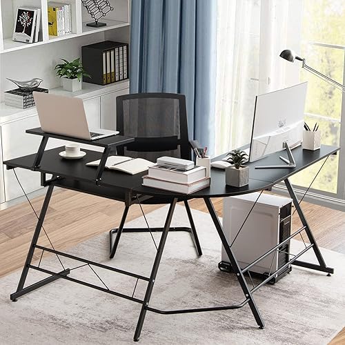 Miniatura 5 de Tangkula Escritorio para computadora en forma de L, estación de trabajo de esquina para oficina en casa con soporte de anfitrión móvil, estante