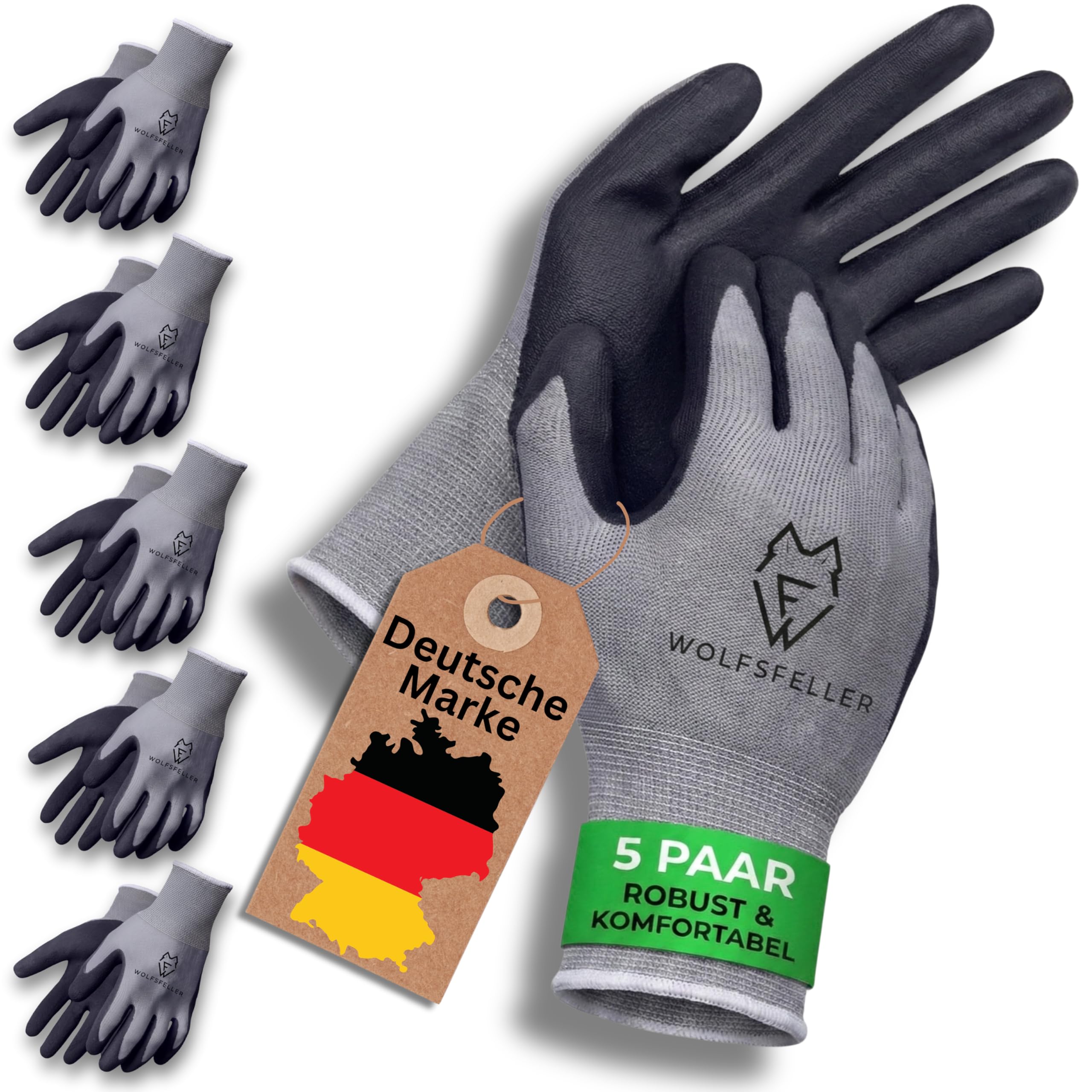 WOLFSFELLER Premium Arbeitshandschuhe Gr. 8 | 5 Paar Robuste & Komfortable Montage-Handschuhe Damen | Mit Langlebiger Nitril-Beschichtung