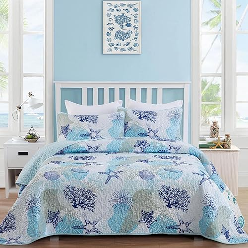 Dinjoy Juego de edredón costero tamaño individual, juego de ropa de cama con temática de playa azul océano y conchas coralinas, patrón de estrellas