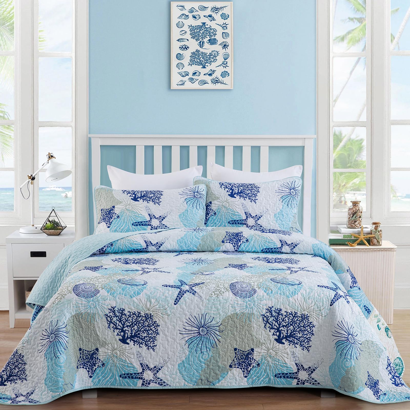 Dinjoy Coastal Quilt Set Twin Size, Blue Ocean Beach Themed Bedding Set Coral Seashell Conch Starfish Pattern Microfiber Lightweight Summer Bedspread
