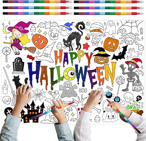 Póster gigante para colorear de Halloween con 6 crayones apilables, juego de recuerdos de fiesta de murciélagos y fantasmas, pancarta de papel para