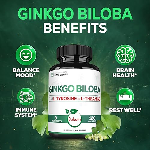 Miniatura 5 de Suplementos de Ginkgo Biloba de 1000 mg con L-tirosina, L-teanina, 120 cápsulas para suministro de 2 meses, enfoque de apoyo, función mermoria,