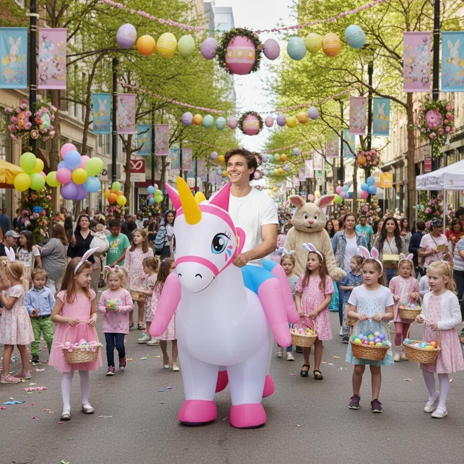 Adult Couple Two Person Riding Unicorn Air Blow Up Inflatable Costume Cosplay Outfit for Halloween Christmas Easter Party Team Building