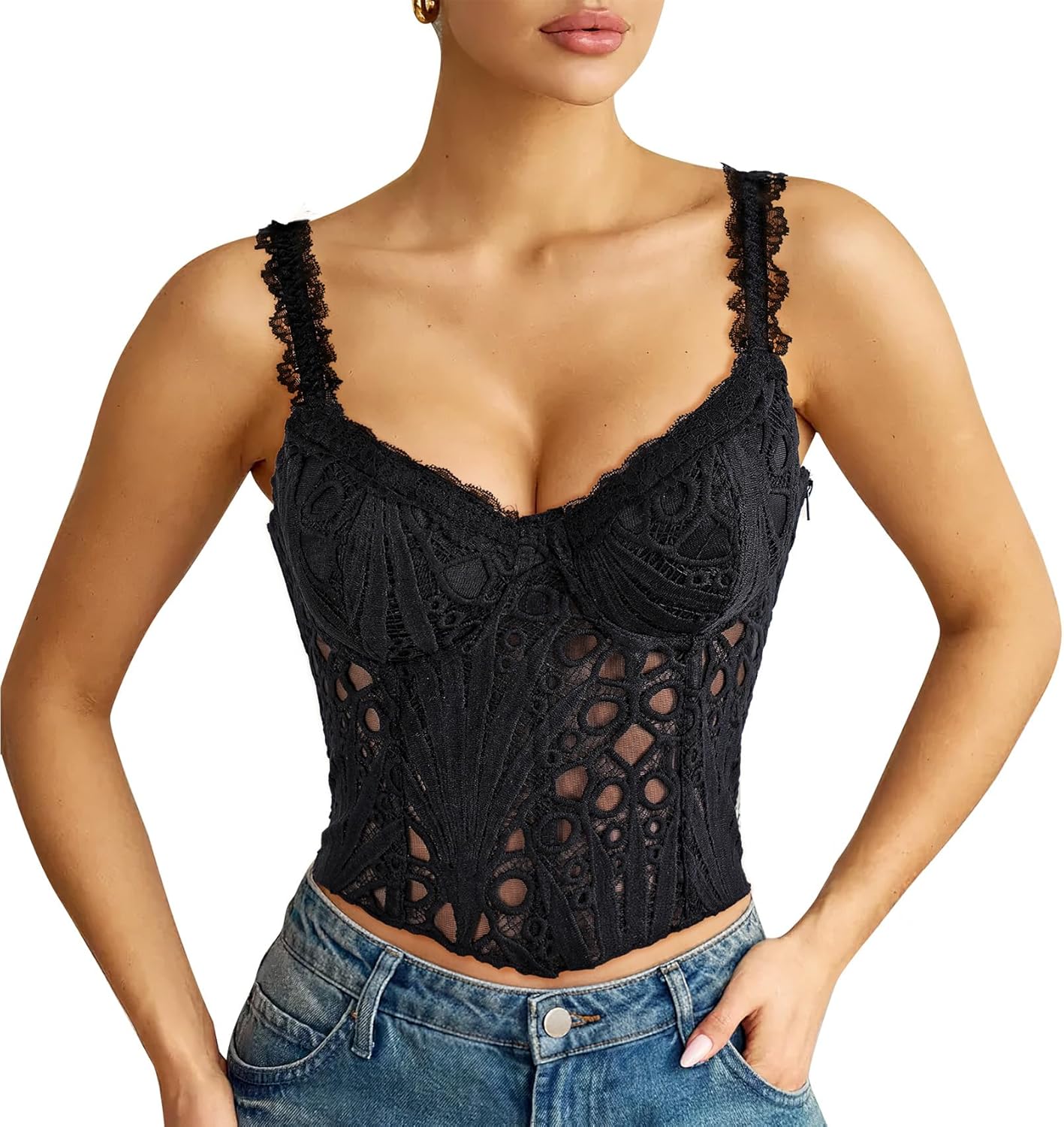 LEACOOLKEY Lace Corset Top for Women Sexy Sheer Floral Bustier Going Out Lace-up Bralette Club Party Concert Crop Top
