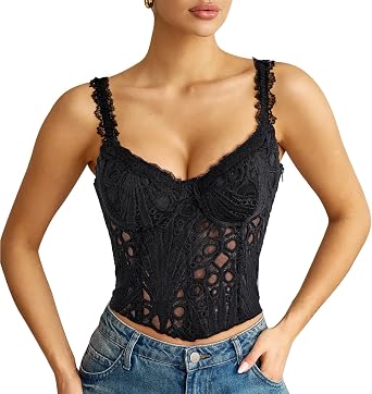 LEACOOLKEY Lace Corset Top for Women Sexy Sheer Floral Bustier Going Out Lace-up Bralette Club Party Concert Crop Top