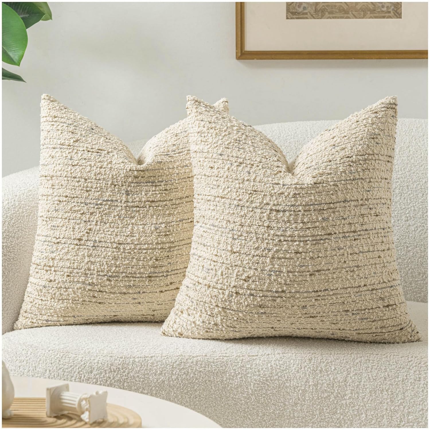 Zealax Textured Boucle Pillow Covers 18x18 Neutral Throw Decorative Pillow Covers for Bed Couch, Luxury Accent Pillow Cases Square Cushion Covers Set of 2, Cream