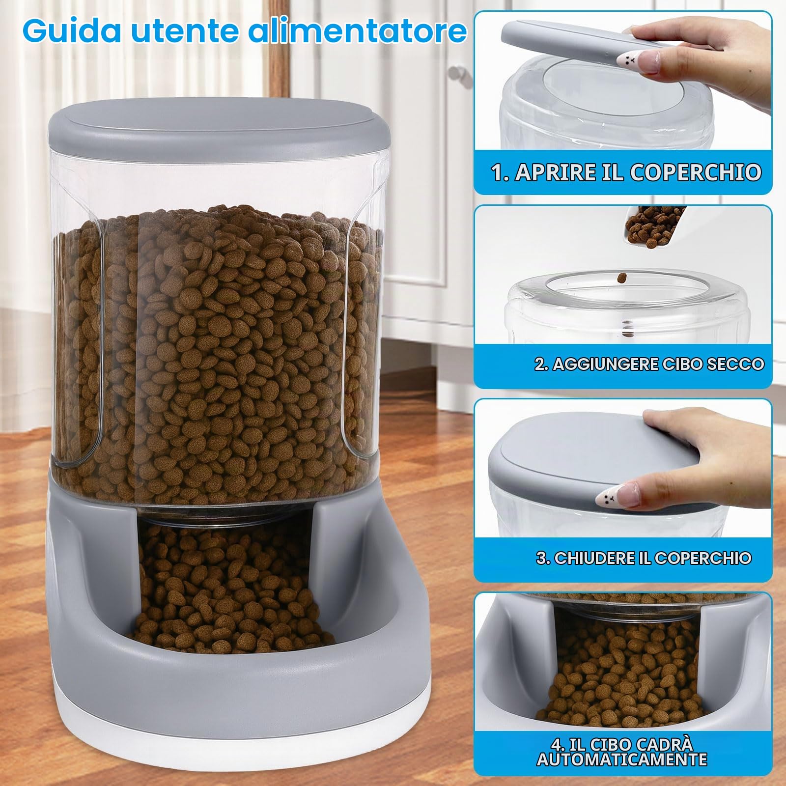 Dispenser Cibo Gatti Cani Automatico 2×3.8L Distributore Automatico e Distributore d'Acqua per Gatti, Dispenser di Crocchette e Acqua per Animali Domestici (Grigio)