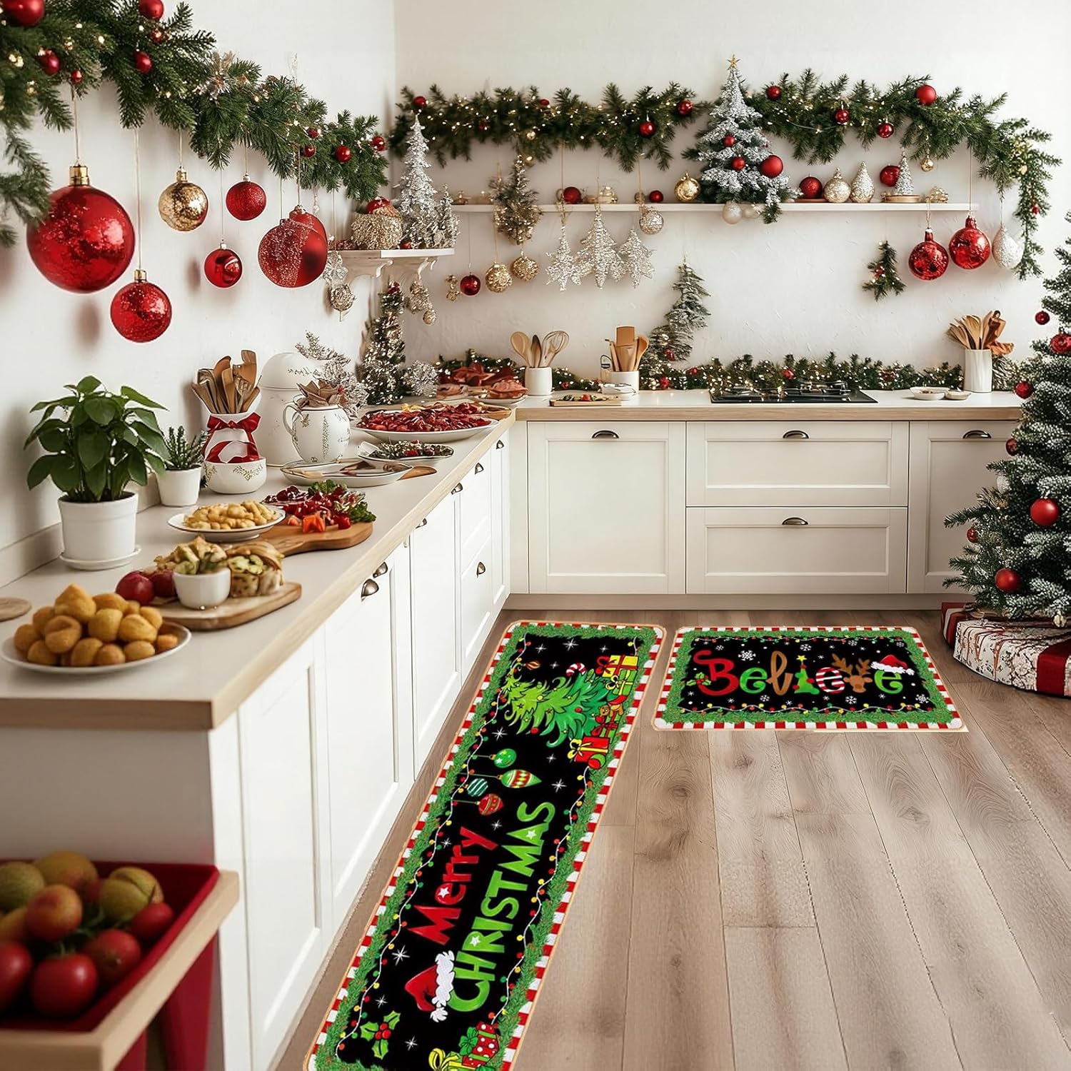 Decorative Kitchen Mat Set, Christmas Holiday Theme, Low Profile Floor Carpet for Home, Party, Autumn Decor, 2 Piece (Christmas)