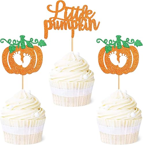 Ercadio Paquete de 24 adornos para cupcakes de calabaza con purpurina con temática de otoño, pies de bebé, decoración de cupcakes de calabaza para