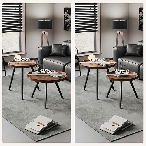 Miniatura 3 de Juego de 2 mesas de centro redondas pequeñas, mesas de centro de nogal para sala de estar, mesa de centro anidable moderna de mediados de siglo,