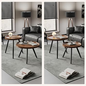 2 PCS Small Round Coffee Table Set, Mid Century Modern Coffee Tables for Living Room, Walnut Nesting Tables for Small Spaces, Easy Assembly Circle Wood Center Table,Black Nesting Coffee Table Set of 2