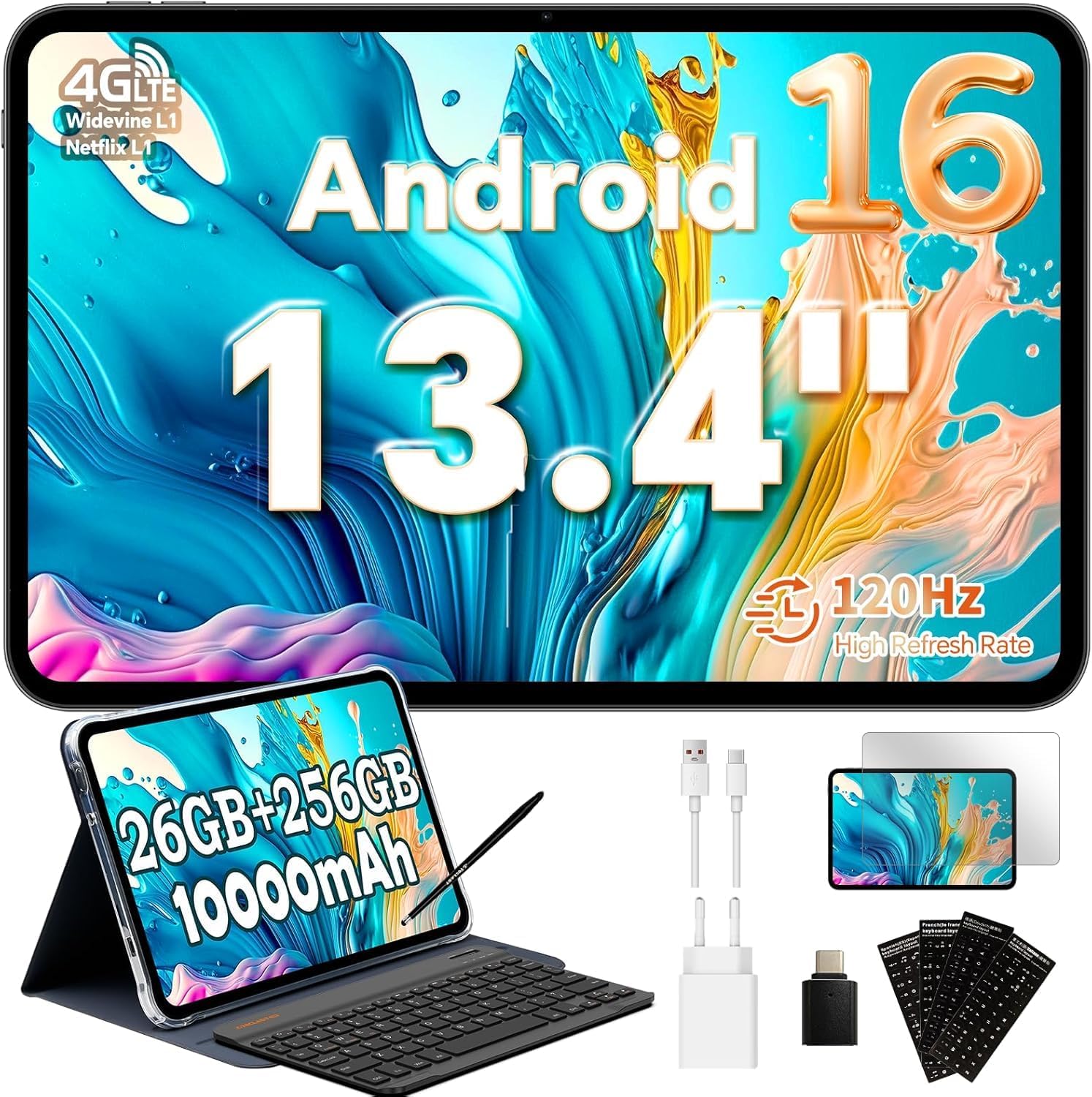 TECLAST T65 Tablet 13.4 Pollici 120Hz Display Tablet Android 16, Doppio SIM 4G LTE+5G WiFi, 2.2GHz Octa-Core, 26GB RAM+256GB ROM(TF 4TB) Widevine L1 1080P/13MP/BT5/GPS/OTG, con Tastiera+Custodia+Penna